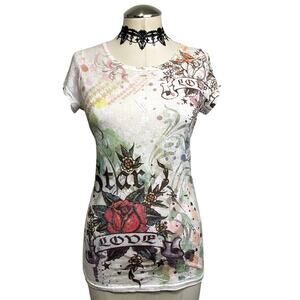 Vtg Y2K Grunge Bedazzled AOP Graphic Punk Emo Gothic Skater Baby Tee Small